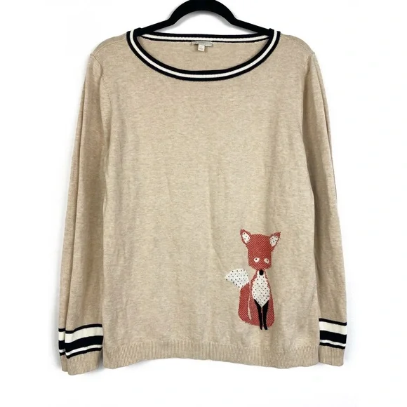 Talbots Womens 100% Cotton Fox Novelty Sweater L Tan Preppy Twee Crewneck - Picture 1 of 8